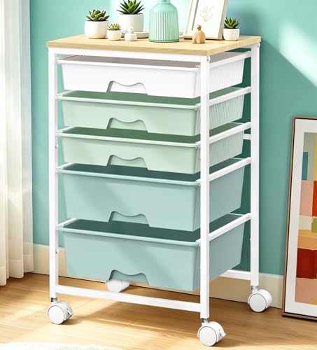 SUNALLY Rolling Carts With 5 Drawers, Storage Drawer Carts with Wooden Tabletop and 2 Lockable Wheels, Rolling Utility Cart for Craft Art Supply Storage & Home Office Organization, Green - color: Green