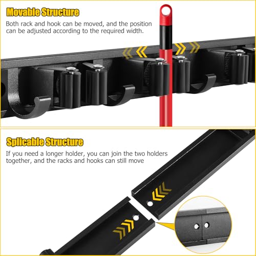 SLIIMU Movable 30'' Broom and Mop Holder Wall Mount with Sliding 7 Racks 8 Hooks, Storage Organizer Wall Hanger, Cleaning Tool Hanging Grippers for Kitchen Bathroom Garden Garage Laundry Home Closet