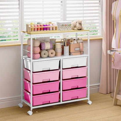 Rolling cart with 8 drawers,Storage drawer cart with wooden tabletop,Lockable wheels organizer for homeschool, arts & crafts, classroom, office & creative spaces (Pink) - color: Pink