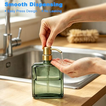 Green Glass Soap Dispenser Square 13.5 oz | Refillable, Rectangular, Rust Proof Stainless Steel Pump, For Bathroom Vanity & Kitchen Countertop - color: Green Bottle and Brushed Gold Pump, size: 13.5oz-Square