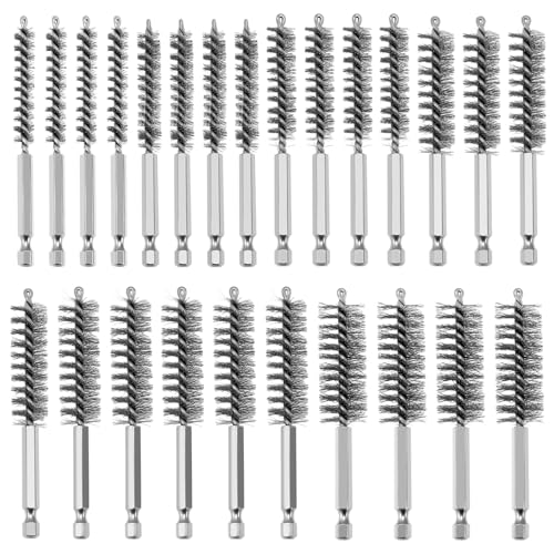 QWORK Bore Brush 24 Pcs Set for Drill, Stainless Steel Wire Cleaning Brushes with 1/4 Inch Hex Shank, Multi-Size Bore Cleaning Tools for Rust Removal, Tube and Pipe Cleaning 8/10/12/15/17/19mm