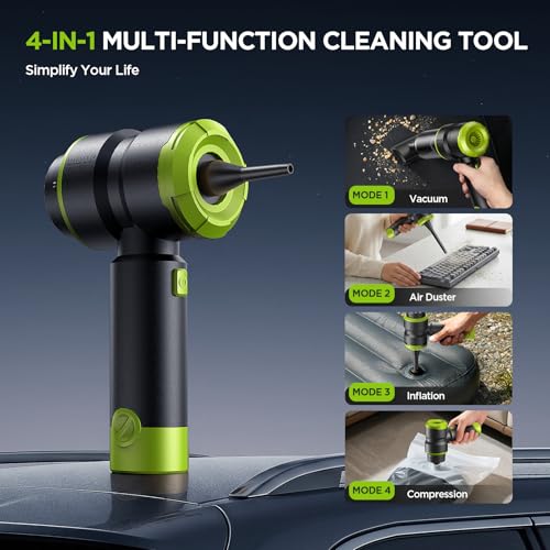 Handheld Car Vacuum Cleaner, 4-in-1 Cordless Rechargeable Mini Vacuum with Air Duster – Quickly Clean Crumbs, Pet Hair & Crevices in Car, Office, Home. Ideal for Commuters & Office Workers (Green)