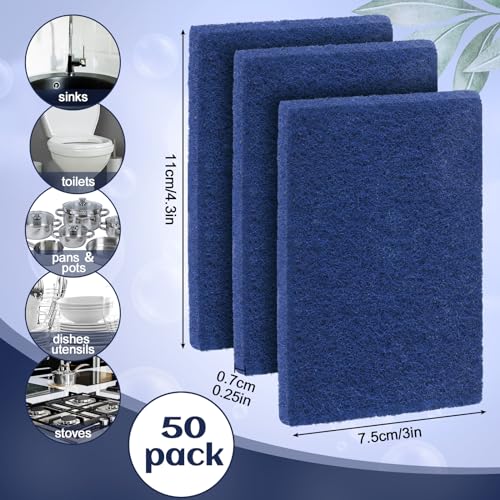 Hoolerry 100 Pcs Heavy Duty Scouring Pads Non Scratch Household Scrub Pads for Cleaning Reusable Pan Scrubber Anti Grease Scrubbing Pads for Dish Kitchen Metal Grills, 4.3 x 3 x 0.3 in (Blue) - color: Blue