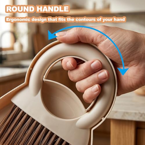 Mini Broom and Dustpan Set with Round Handle, Compact Small Hand Broom with Soft Bristles for Kitchen Counter, Desk, Drawer, Pet Area & Car Interior, Space-Saving Portable Cleaning Tool (Off-White) - color: Off-white