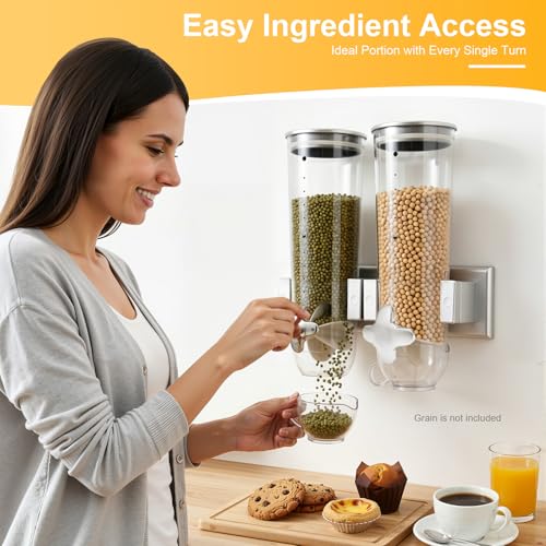 Wall-mounted Food Dispenser, 3L 2 Buckets Coffee Bean Candy Rice Dispenser, Dry Food Dispenser Cereal Dispenser Grain Storage Dispenser for Home, Kitchen, Countertop, Cutlery Rack (White) - color: White