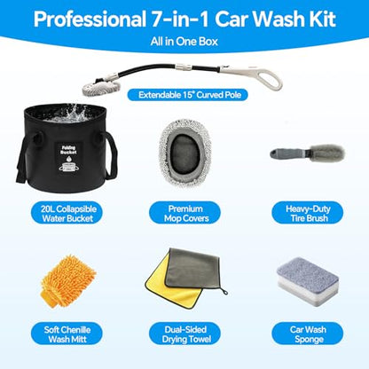 7-in-1, Car Wash Brush 15°Curved with 47" Long Handle and 90° Rotating Replaceable Brush Head, Car Wash Kit with Microfiber Towel and Tire Brush for Car, SUV, RV, Floor Cleaning-White. - color: White