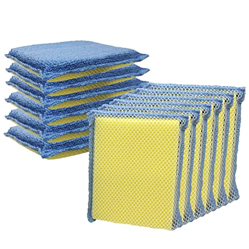 LOLA Microfiber Terry & Nylon Net Sponge Scrubber Pad, 12 Pack, Non Scratch 2-Way Cleaning, Gently Scrubs & Wipes Clean - size: 12 Pack, style: Microfiber Terry & Nylon Net Sponges