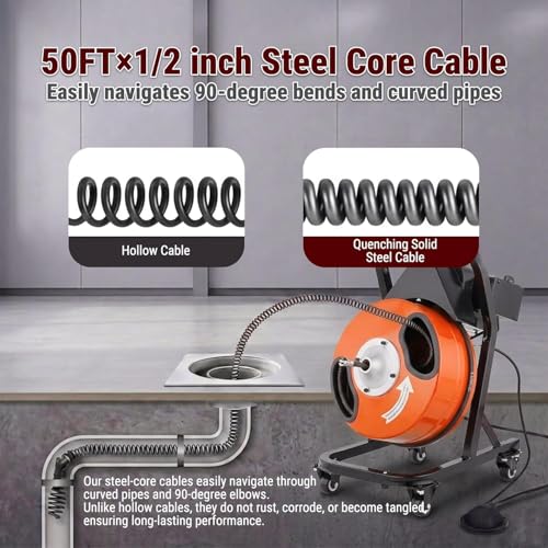 50FT x 1/2 Inch Drain Cleaner Machine, Electric Drain Auger on 4 Wheels for 1"-4" Pipes, Enclosed Metal Drum with 4 Cutters & Pneumatic Foot Switch, Sewer Snake Auger - style: 50FT x 1/2inch