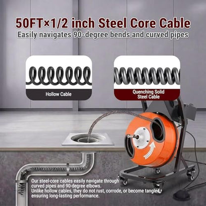 50FT x 1/2 Inch Drain Cleaner Machine, Electric Drain Auger on 4 Wheels for 1"-4" Pipes, Enclosed Metal Drum with 4 Cutters & Pneumatic Foot Switch, Sewer Snake Auger - style: 50FT x 1/2inch