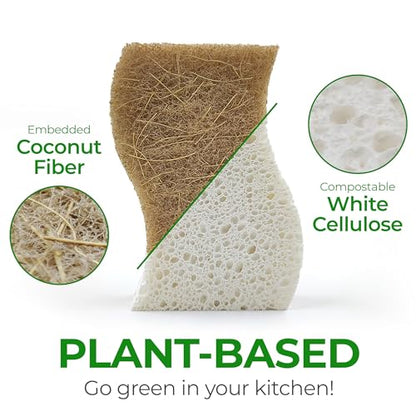 AIRNEX Natural Kitchen Sponges (12 Pack) - Biodegradable Cellulose & Coconut Scrubber Dish Sponges for Kitchen - Eco-Friendly, Non Scratch, Compostable, Non Toxic S-Shaped Natural Sponges for Dishes - size: 12