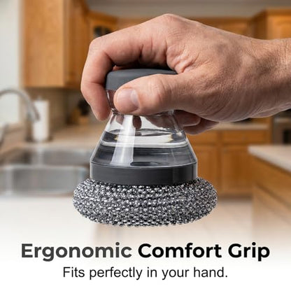 Comfort Grip Soap Dispensing Kitchen Scrub Brush, Dish Brush with Soap Dispenser & Handle, Extra Strong Scrubbing for Stubborn Residue on Pots Pans & BBQ Grill (5pcs Brush Heads + Handle) - color: 5pcs Brush Heads + Handle