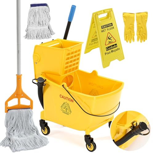38 Qt Commercial Mop Bucket with Side Press Wringer on Wheels, Including Wet Floor Caution Sign, 1 Heavy Duty Industrial Mop, 1 Mop Head Replacement and a Pair of Gloves