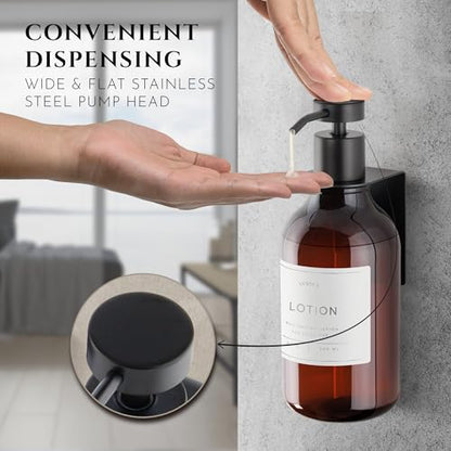 Shower Shampoo Dispenser Wall Mounted – 3 Refillable 16.9 oz Amber Bottles with Stainless Steel Pumps & No-Drill Adhesive Holders – Soap Dispenser Set for Bathroom (3 X Amber/Black) - color: 3 X Amber/Black