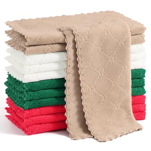 Homaxy 12 Pack Kitchen Dish Cloths, Super Soft and Absorbent Coral Velvet Dish Towels, Nonstick Oil Fast Drying Microfiber Cleaning Cloth, 10 x 10 inches, Dark Green/Tan/Red/White - color: Dark Green/Tan/Red/White, size: 10x10 Inch-12 Pack