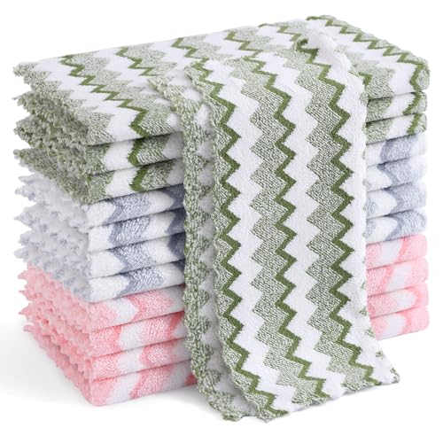 Homaxy 12 Pack Kitchen Dish Cloths, Ultra Soft and Absorbent Dish Towels, Reusable Fast Drying Microfiber Cleaning Cloth, Double Waves Coral Velvet No-lint, 10 x 10 inches, Blue/Green/Pink - color: Blue/Green/Pink, style: 10" x 10" - 12 Pack