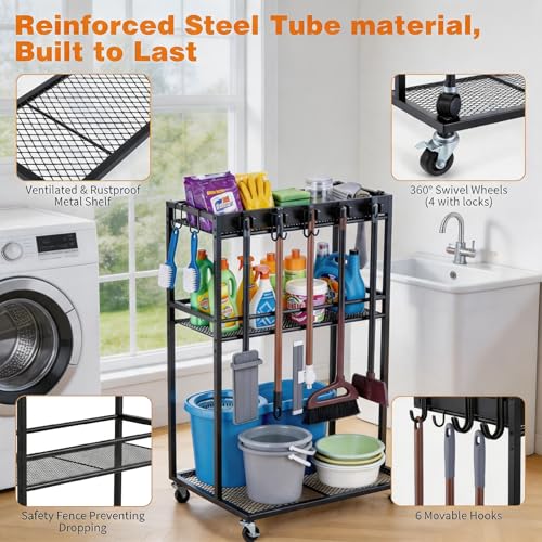 Easy-Assembly Broom Holder Cart for Laundry | Sturdy & Multifunctional Storage Cart, 22" Wide, 300-lb Capacity, Lock-brake Wheels, Holds Vacuum & Steam Mop