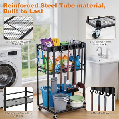 Easy-Assembly Broom Holder Cart for Laundry | Sturdy & Multifunctional Storage Cart, 22" Wide, 300-lb Capacity, Lock-brake Wheels, Holds Vacuum & Steam Mop