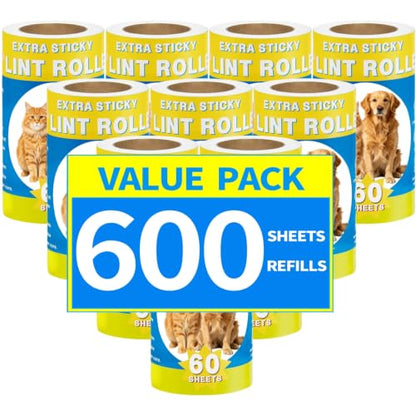 Extra Sticky Lint Roller Refills, 600 Sheets Total (10 Rolls x 60 Sheets), Pet Hair Remover Refill Rolls for Cat and Dog Hair Removal,Clothes, Furniture, Carpet, Dust - size: 3.9 inch 600 sheets