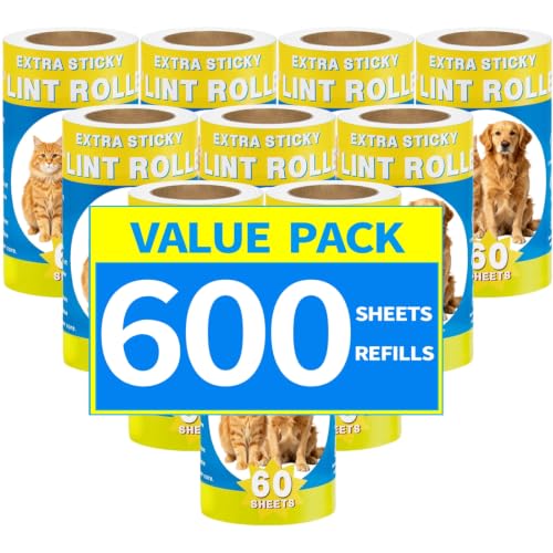 Extra Sticky Lint Roller Refills, 600 Sheets Total (10 Rolls x 60 Sheets), Pet Hair Remover Refill Rolls for Cat and Dog Hair Removal,Clothes, Furniture, Carpet, Dust - size: 3.9 inch 600 sheets