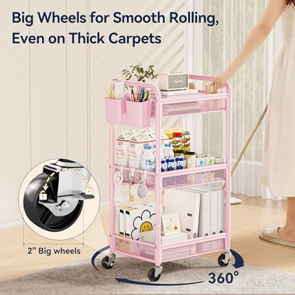 YASONIC 3 Tier Rolling Cart – Metal Utility Storage Cart with Wheels, Craft Cart Organizer with Hanging Cups, Hooks, Mesh Basket for Bedside Kitchen Office Art, Pink - color: Pink