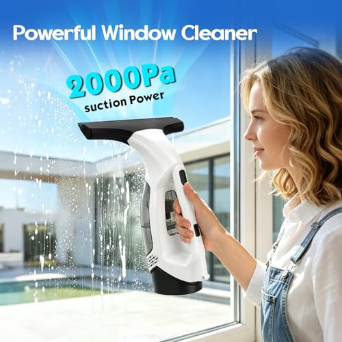 Window Vacuum Squeegee Cordless, 2200mAh Electric Window Squeegee Vacuum with 0.8-1M Extendable Pole, 2000Pa Window Sill Cleaning Tools, for High Windows, Shower Glass, Car, Kitchen
