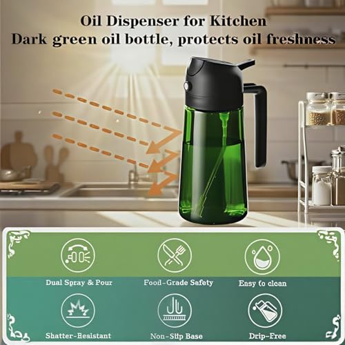 16oz/470ml Glass Olive Oil Sprayer for Cooking, 2 in 1 Oil Dispenser for Kitchen Spray and Pour, Premium Light-Blocking Oil Bottle, Food-Grade Spray Bottle, for Salad, Air Fryer, BBQ (Green) - color: Green Glass/Black Cap