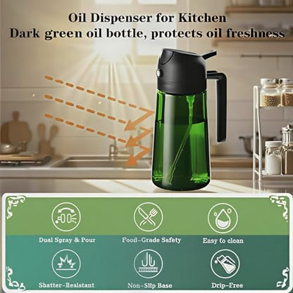 16oz/470ml Glass Olive Oil Sprayer for Cooking, 2 in 1 Oil Dispenser for Kitchen Spray and Pour, Premium Light-Blocking Oil Bottle, Food-Grade Spray Bottle, for Salad, Air Fryer, BBQ (Green) - color: Green Glass/Black Cap