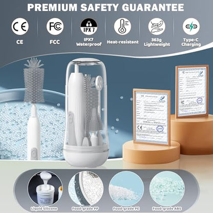 IvyWind Electric Travel Baby Bottle Brush Set with Storage Box, Automatic Bottle Cleaner Brush Kit with Silicone Bottle/Nipple/Straw Brush, Milk Frother Electric and Drainage Rack, Rechargeable, Gray - color: Gray