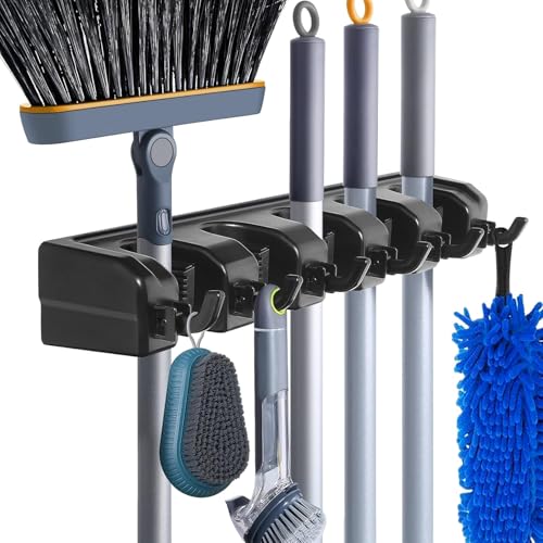 HYRIXDIRECT Broom Hanger Wall Mount Broom and Mop Organizer Wall Hanging Garden Tool Organizers Rack Garage Laundry Room Organizations and Storage with Hooks Heavy Duty - color: Black