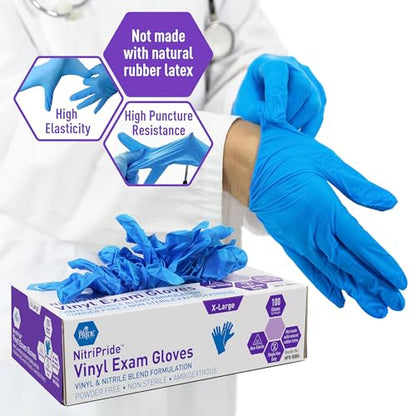 MED PRIDE Nitrile/Vinyl Blend Exam Gloves, Powder-Free, Latex-Free, Disposable, Non-Sterile, Blue, X-Large (Box of 100) - size: X-Large