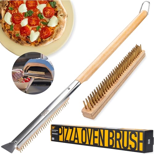 26'' Pizza Oven Brush with Stone Scraper - Includes 2 Brush Heads, Heat-Resistant Gold Stainless Steel Bristles - Long Grip Handle, Compatible with Ooni, Gozney, Blackstone, Solo Stove Ovens - color: Tan - 2 Brush Heads