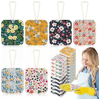 Hahafelt 36 Counts Compressed Cellulose Sponges Bulk Craft Pop up Floral Pattern Natural Kitchen Compostable Non Scratch Dish Sponges for Washing Dishes, Cleaning Countertop Sink - style: Floral