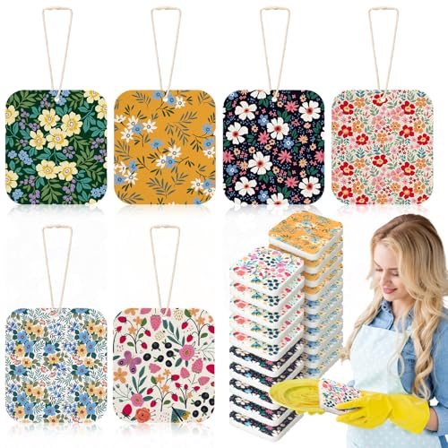 Hahafelt 36 Counts Compressed Cellulose Sponges Bulk Craft Pop up Floral Pattern Natural Kitchen Compostable Non Scratch Dish Sponges for Washing Dishes, Cleaning Countertop Sink - style: Floral