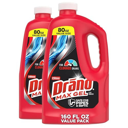 Drano Max Gel Drain Clog Remover & Cleaner, Fast-Acting to Unclog Standing Water & Remove Hair, Grease & Food Blockages, Safe for all Pipes & Septic, Kitchen Sinks, Bathroom Showers, 80 Oz, 2 Pack - size: 80 Fl Oz (Pack of 2)