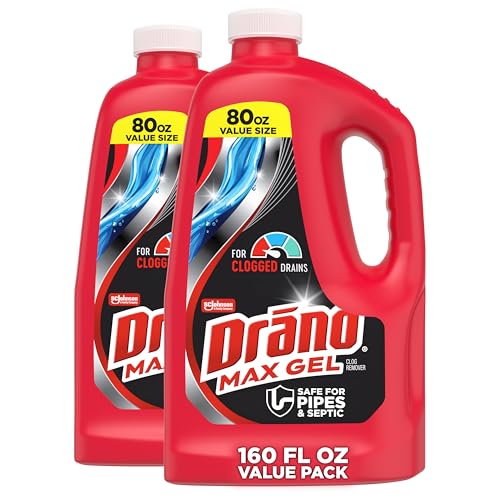 Drano Max Gel Drain Clog Remover & Cleaner, Fast-Acting to Unclog Standing Water & Remove Hair, Grease & Food Blockages, Safe for all Pipes & Septic, Kitchen Sinks, Bathroom Showers, 80 Oz, 2 Pack - size: 80 Fl Oz (Pack of 2)