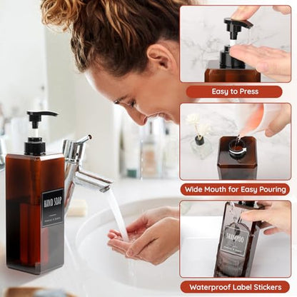 Segbeauty 33.8oz Amber Soap Dispenser Empty, 2pcs Large Plastic Pump Bottle Dispenser with Labels, Square Pump Bottles for Shampoo and Conditioner, 1000ml Bathroom Body Wash Container Refillable - color: Amber, style: 2pcs