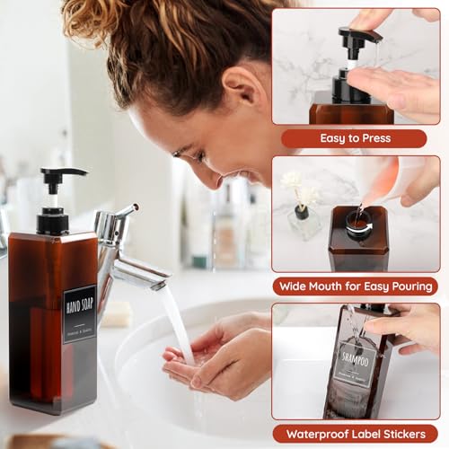 Segbeauty 33.8oz Empty Amber Hand Soap Dispensers, 4pcs Large Plastic Lotion Pump Bottle with Labels, Refillable Square Pump Bottles for Shampoo and Conditioner, 1000ml Bathroom Body Wash Container - color: Amber, style: 4pcs