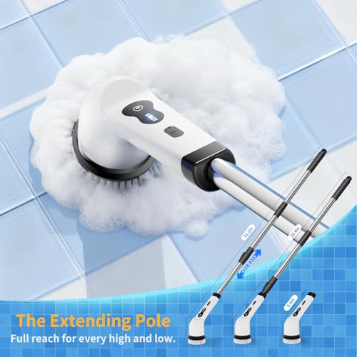 Electric Spin Scrubber, Powered Household Cleaning Brush with 8 Heads & 2 Modes- 52in Extendable Electric Shower Scrubber Deep Cleaner for Bathroom Bathtub Sink Bathroom, IPX7,Father's Day