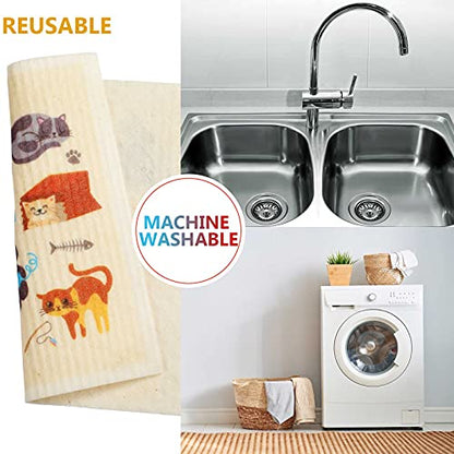 Geiserailie 6 Pieces Cat Sweedish Dishcloth Dish Towels Durable Swedish Cleaning Cloths Absorbent and Fast Dry Kitchen Towels Cats Cleaning Cloths for Kitchen Bathroom Office Wedding Housewarming