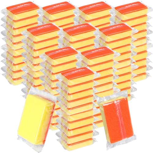 Tioncy 100 Pcs Individually Wrapped Sponges Bulk Kitchen Orange Non Scratch Scrub Sponges Dual Sided Cleaning Scrubber for Household Washing Dishes, Pots, Pans, Sinks, Stoves, Appliances, Car, Bike - color: Orange