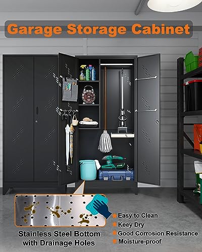 75" Metal Storage Cabinet with Lockable Doors, Functional Garage Storage Cabinets, Heavy-Duty Tool Organization Cabinet with Hanging Rod & S-Hooks (75" Utility Closet) - size: 75" Garage Cabinets
