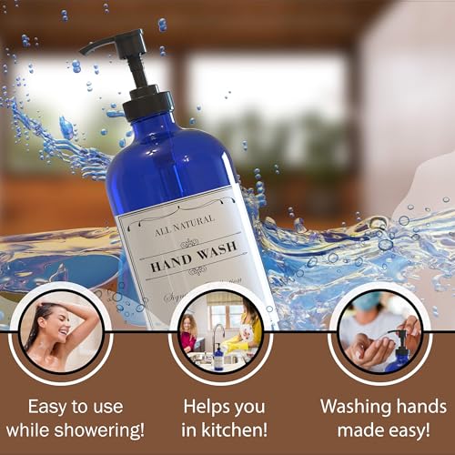Sunrise Premium 16 OZ Cobalt Blue Glass Soap Dispenser with Pump 2 Pack, Hand and Dish Soap Dispenser Set for Bathroom and Kitchen Sink with 6 Waterproof Labels - color: Cobalt Blue Glass - Plastic Pump
