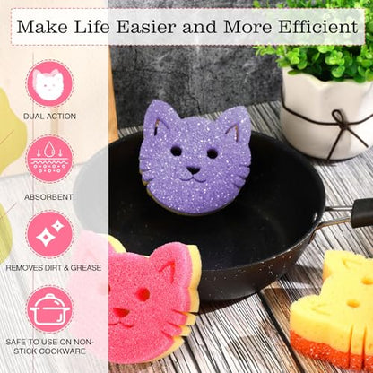 FillTouch 3 Pcs Dual Sided Scrub Sponge Multi Functional Cute Temperature Sensitive Non Scratch Dish Sponge for Washing Dishes Kitchen Bathroom(Cat,Pink, Yellow, Purple) - color: Pink, Yellow, Purple, style: Cat