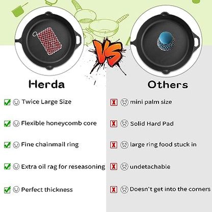 Herda 316L Cast Iron Scrubber Cleaner, Large Cast Iron Chain Mail Scrubber - Chainmail Scrubber Sponge - Metal Skillet Scrubbing, Wok, Dutch Oven Cleaning Kit - color: Red