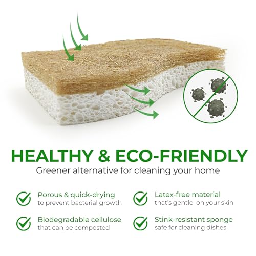 AIRNEX Natural Kitchen Sponges (12 Pack) - Biodegradable Cellulose & Coconut Scrubber Dish Sponges for Kitchen - Eco-Friendly, Non Scratch, Compostable, Non Toxic S-Shaped Natural Sponges for Dishes - size: 12