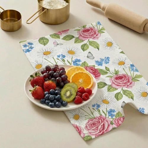 Waffle Kitchen Towels Set of 2 - Ultra Absorbent Quick Dry Dish Towels - Sustainable Reusable Cleaning Tea Towels - Lightweight Hand Towels for Kitchen & Bathroom, 16” x 28” (Plants) - style: Plants
