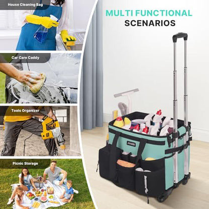 JKAOO Large Rolling Cleaning Caddy Bag with Detachable Trolley, Blue-Green | Waterproof Cleaning Caddy with Wheels, 40L Wheeled Organizer Cart for Supplies, Housekeepers, Home, Office, Car, Picnic - color: Blue Green
