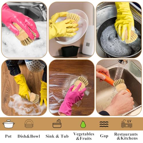 8 Packs Bamboo Dish Scrub Brushes Natural Palm Wooden Scrubbers Set Kitchen Dishwashing Scrubber with Natural Sisal Bristles for Iron Pot Pan Sink (Round)