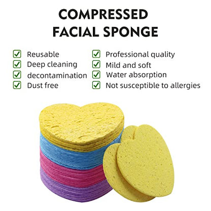 100-Count Compressed Facial Sponges for Estheticians Heart Shape Natural Cellulose Sponge Professional Cosmetic Spa Sponges for Face Cleansing, Massage, Pore Exfoliating, Mask, Makeup Removal, Mixed - color: 100- Pack Mixed