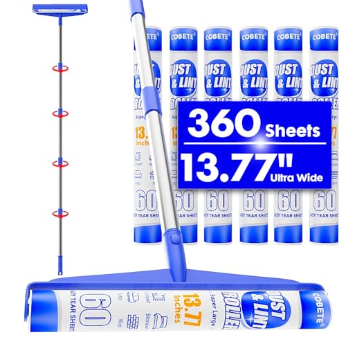 COBETE 13.77" Large Extra Sticky Lint Roller, 69.88" Long Handle Lint Remover with 6 Rollers for Clothes, Cat Dog Pet Hair, Furniture, Couch, Carpet, Floor，Painted Wall Cleaner Mop Dust Cleaning